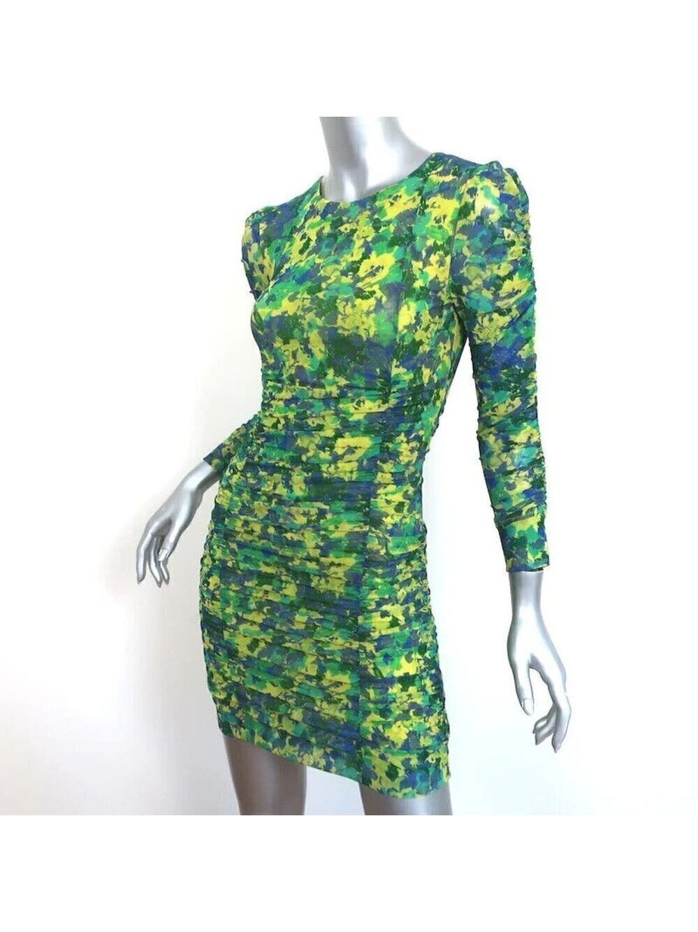 GANNI Ruched Mesh mini dress womens yellow green "Sulphur" dress sz 36 *Zip flaw